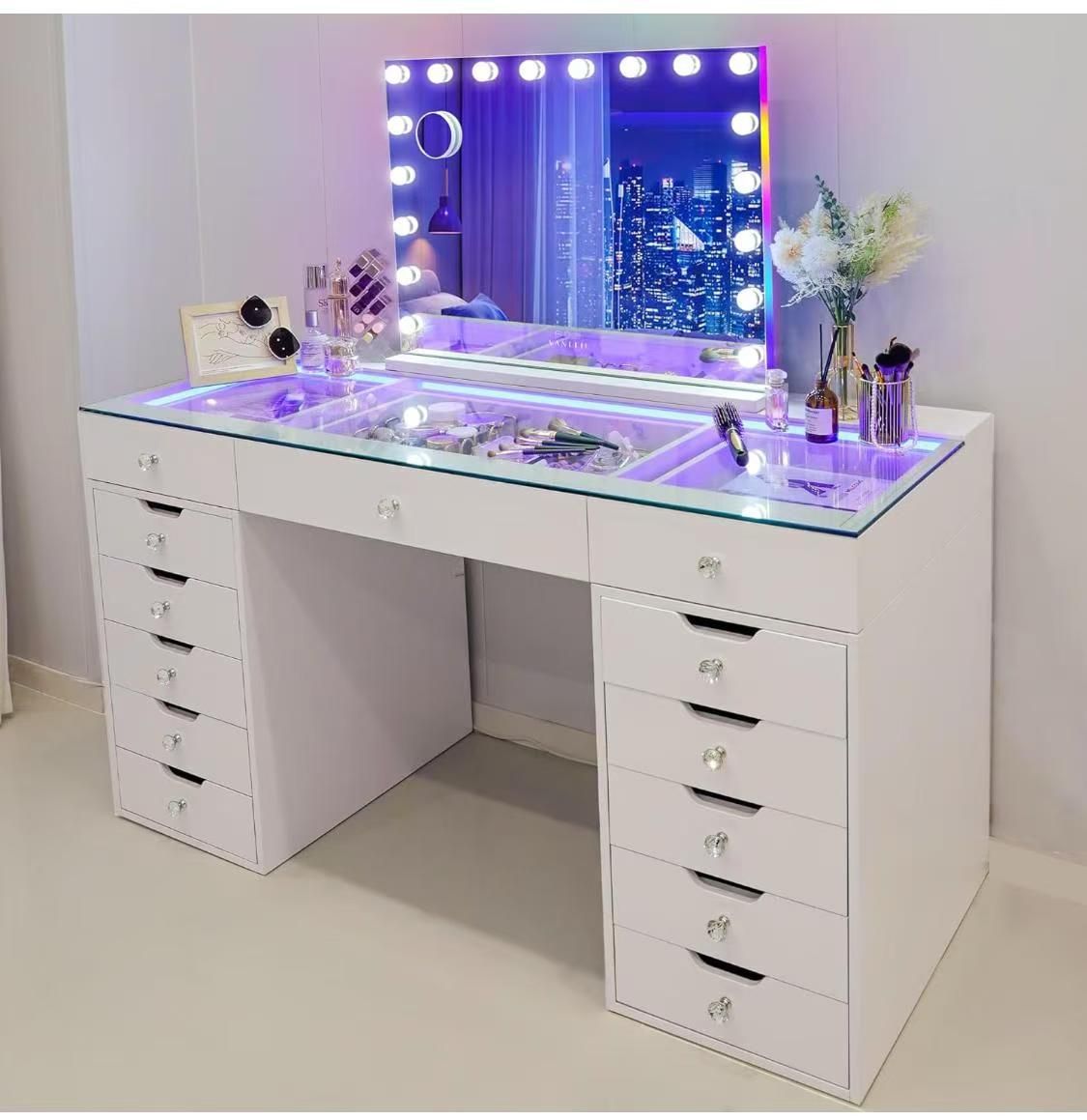 DINGJU Premium Dressing Table Set Mirror and Glass top and Charging Station with Colorfull Light Strip Suitable Vanity Mrror